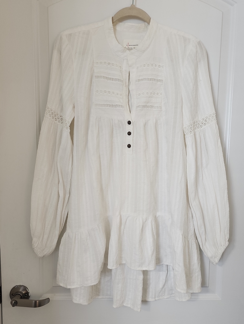Boho White Peasant Tunic with Lace Insets